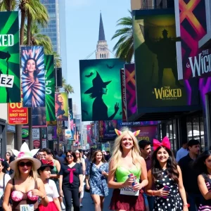 Street scene in Los Angeles featuring 'Wicked' movie merchandise and promotional banners.