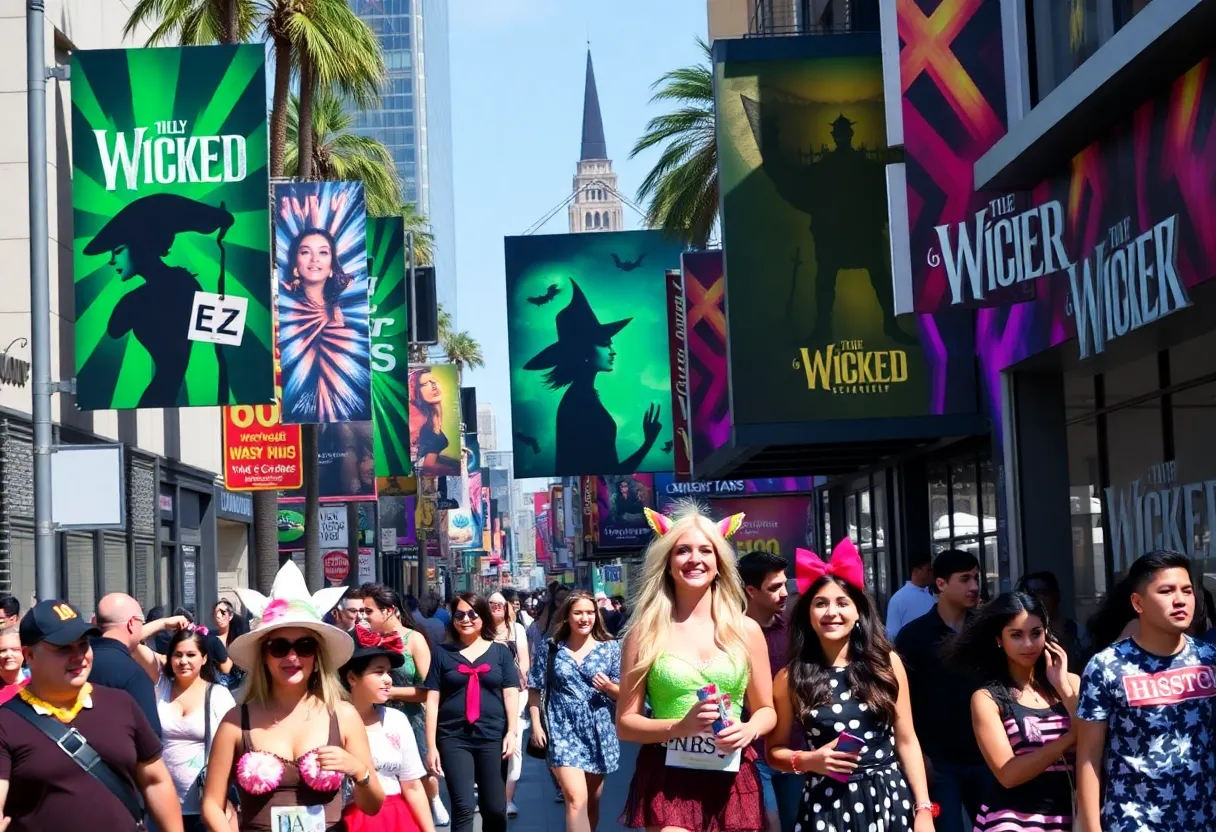 Street scene in Los Angeles featuring 'Wicked' movie merchandise and promotional banners.