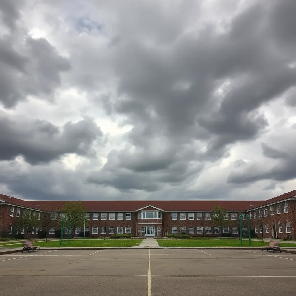 Empty school playground under gray stormy skies.