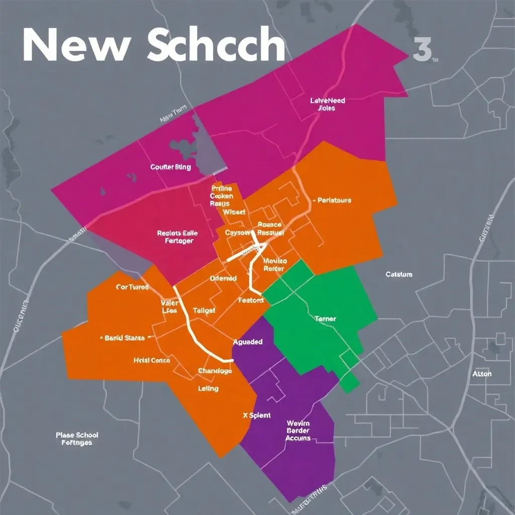 Colorful map highlighting new school boundaries and neighborhoods.