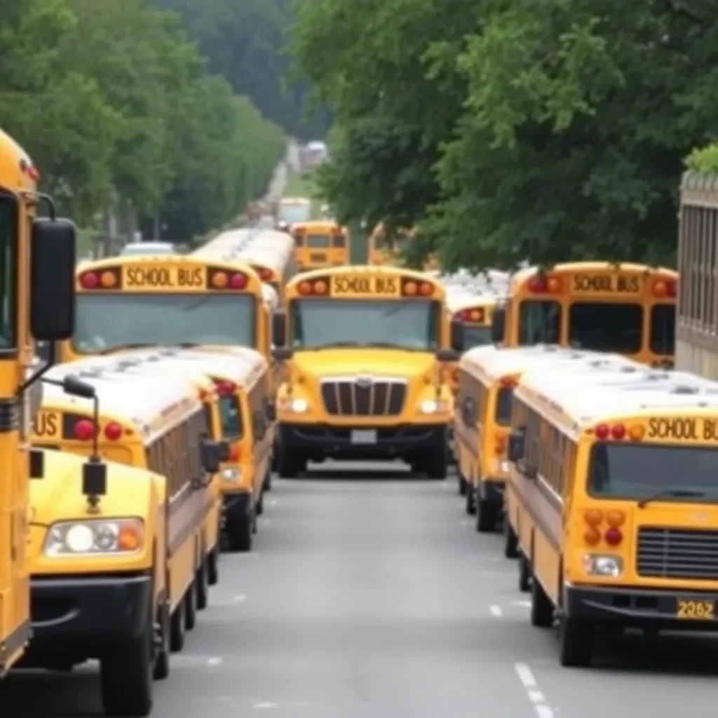 School buses parked due to hurricane weather advisory.