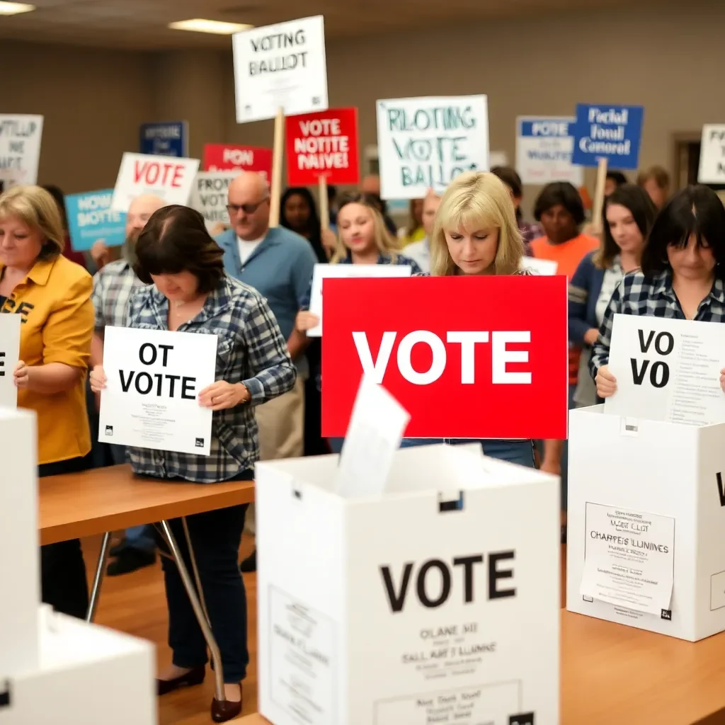 Voting ballots with supportive community signs in background.