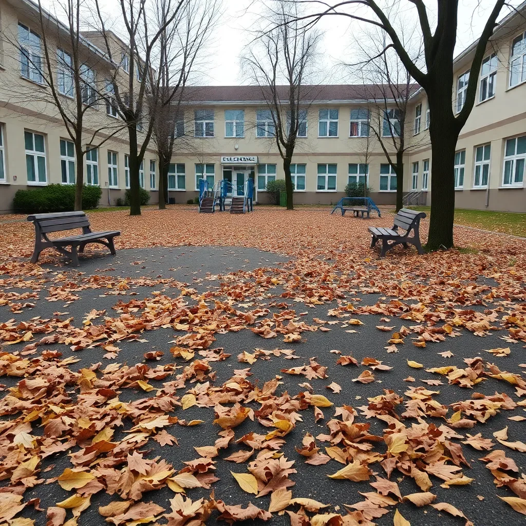 Empty school playground with fallen leaves and debris.