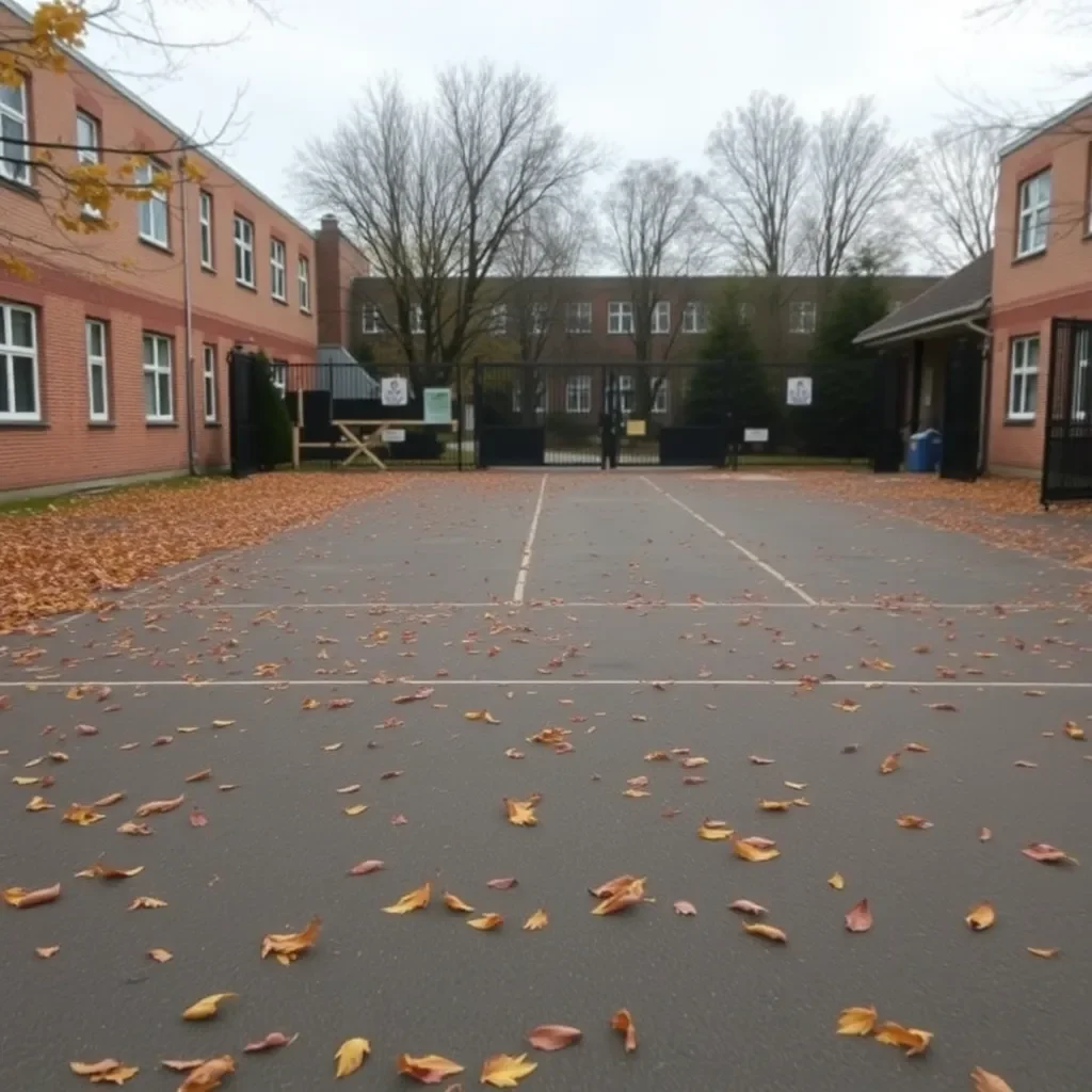 Empty schoolyard with fallen leaves and closed gates.