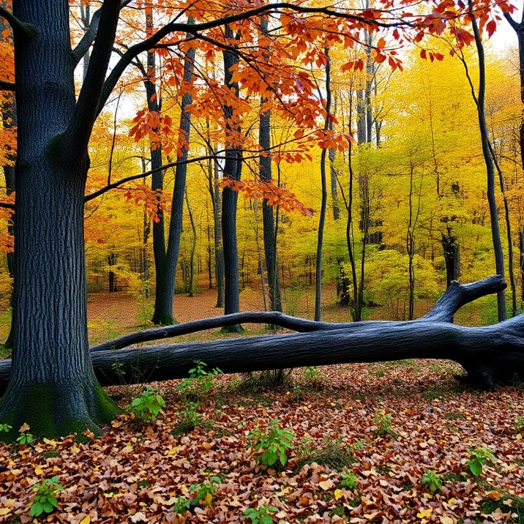 Autumn forest with a fallen tree stand in background.