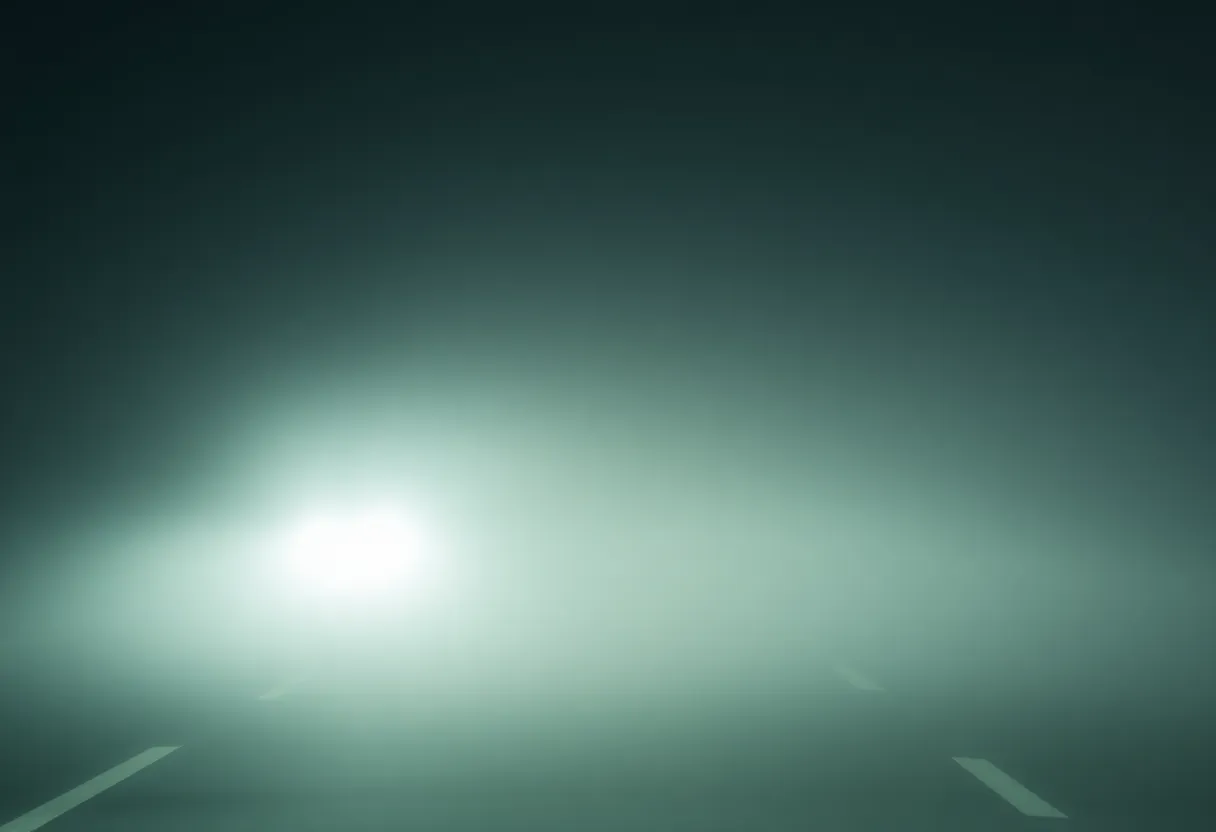 Car headlights shining through thick fog on highway.