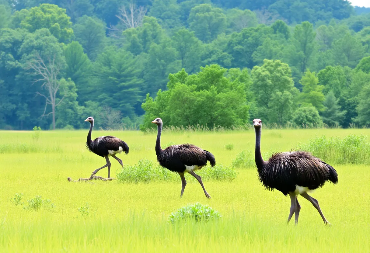 Emus roaming freely in a lush South Carolina landscape.