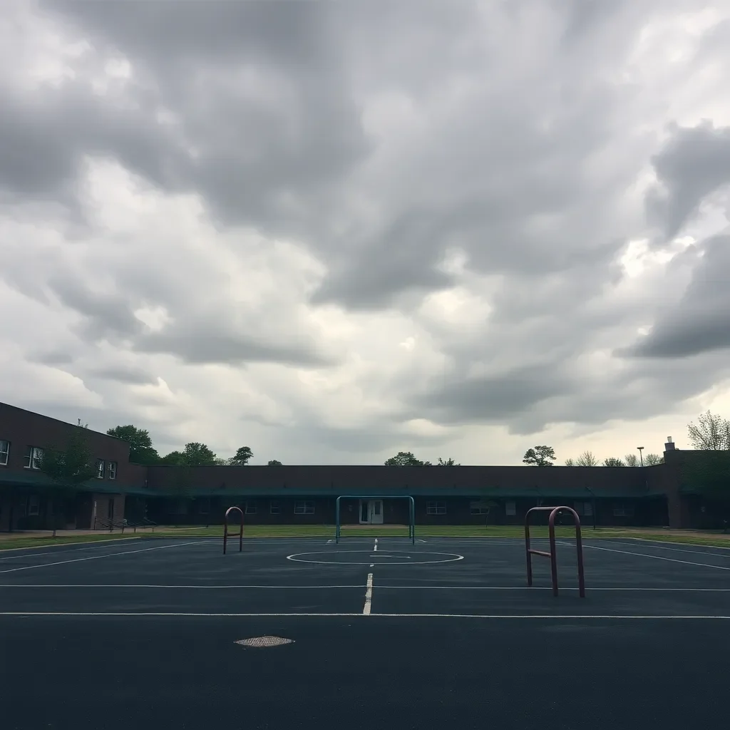 Empty school playground under cloudy, stormy skies.