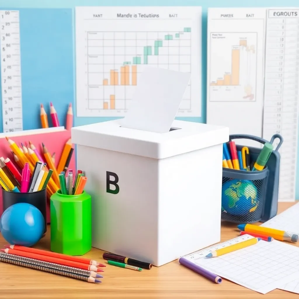 Ballot box surrounded by school supplies and growth charts.