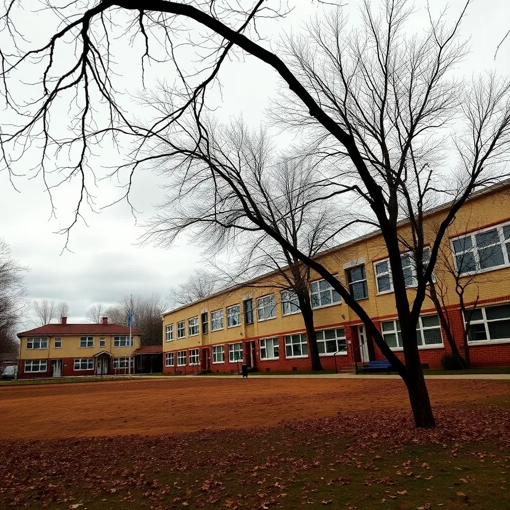 Deserted school playground with overcast skies and fallen branches.