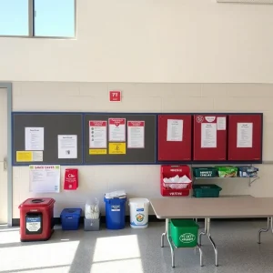 School building with safety protocols and emergency supplies visible.