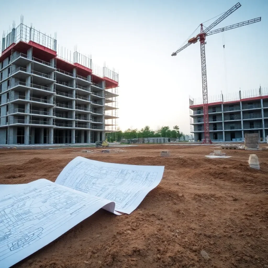 Construction site with halted progress and open blueprints.