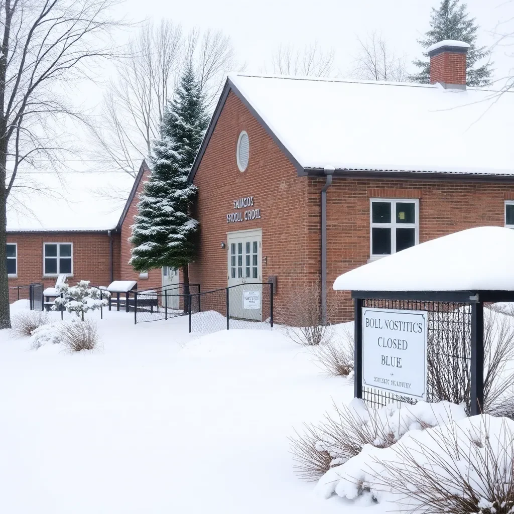 Snow-covered school buildings with closed sign and winter scene.