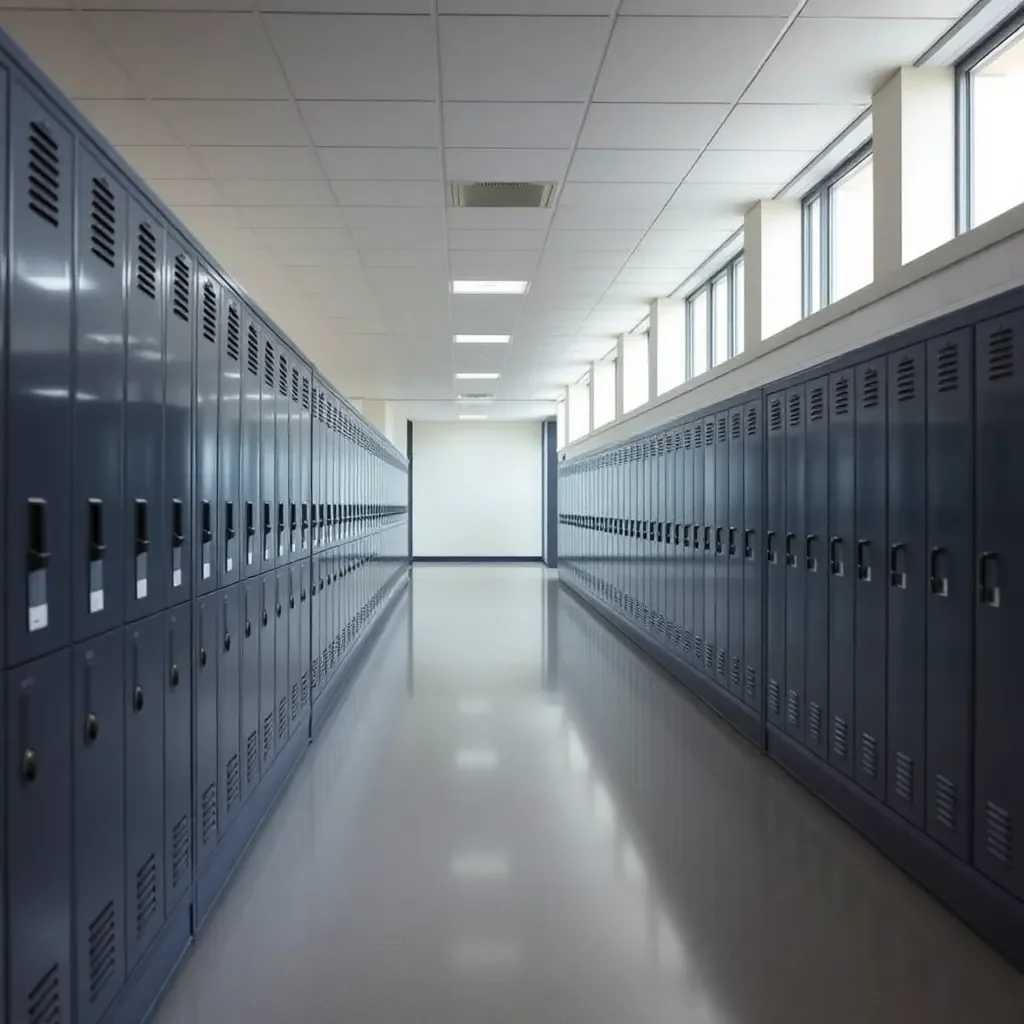 Empty school hallway with a single locker ajar.