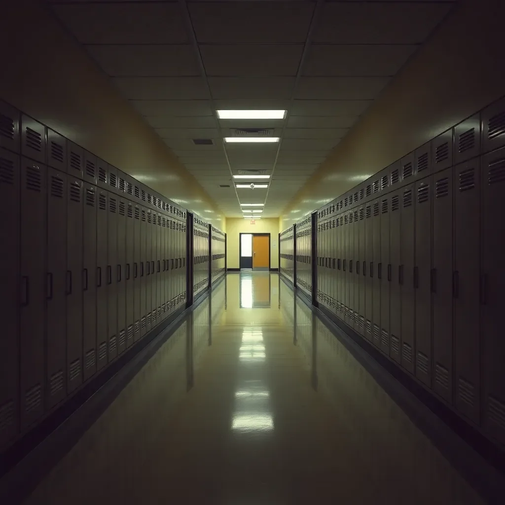 Empty school hallway with lockers and dim lighting.