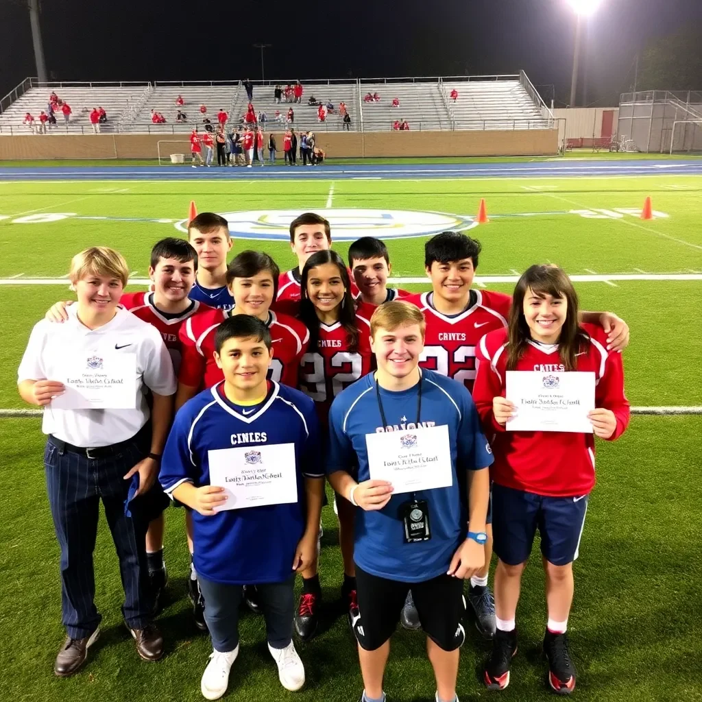 High school athletes celebrating commitment to college football.