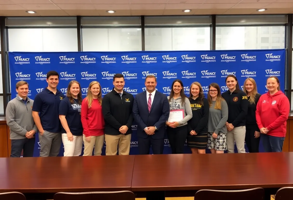 University athletics team celebrating new leadership announcement.