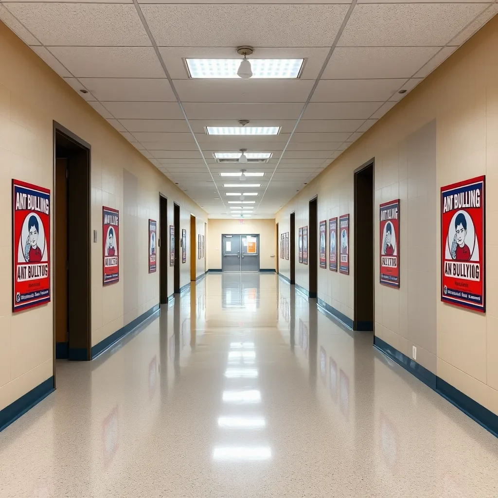 Empty school hallway with anti-bullying posters displayed prominently.