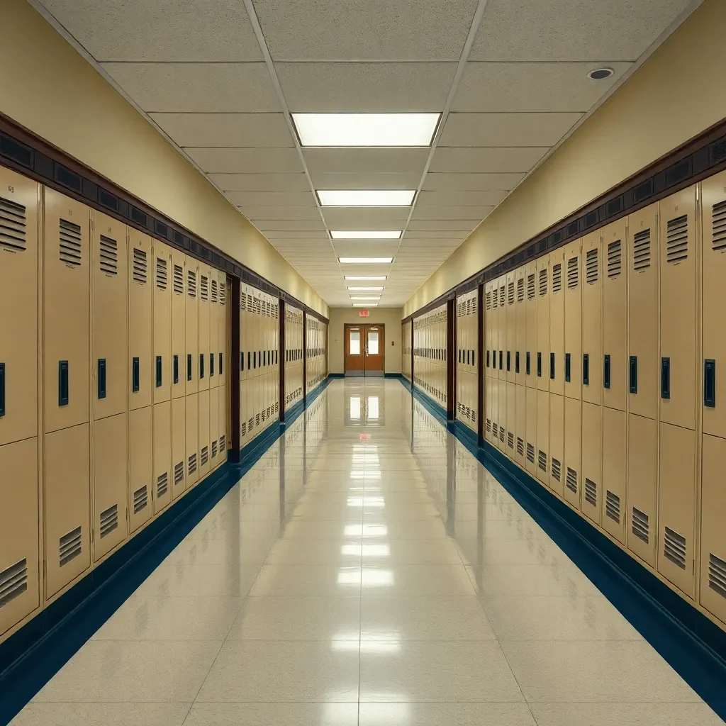 Empty school hallway with lockers, symbolic of isolation.