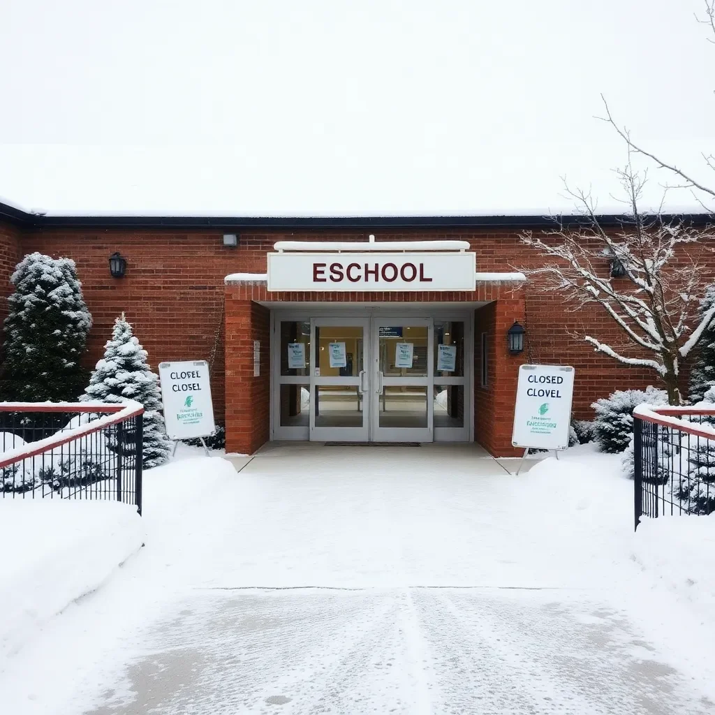 Snowy school entrance with closed signs and winter decorations.