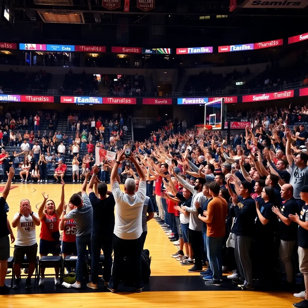 Basketball court filled with enthusiastic fans cheering loudly.