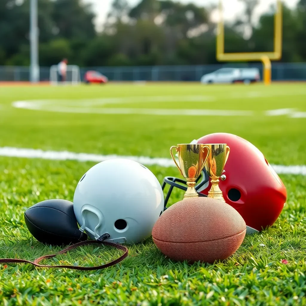 Football gear and trophies on a vibrant field.