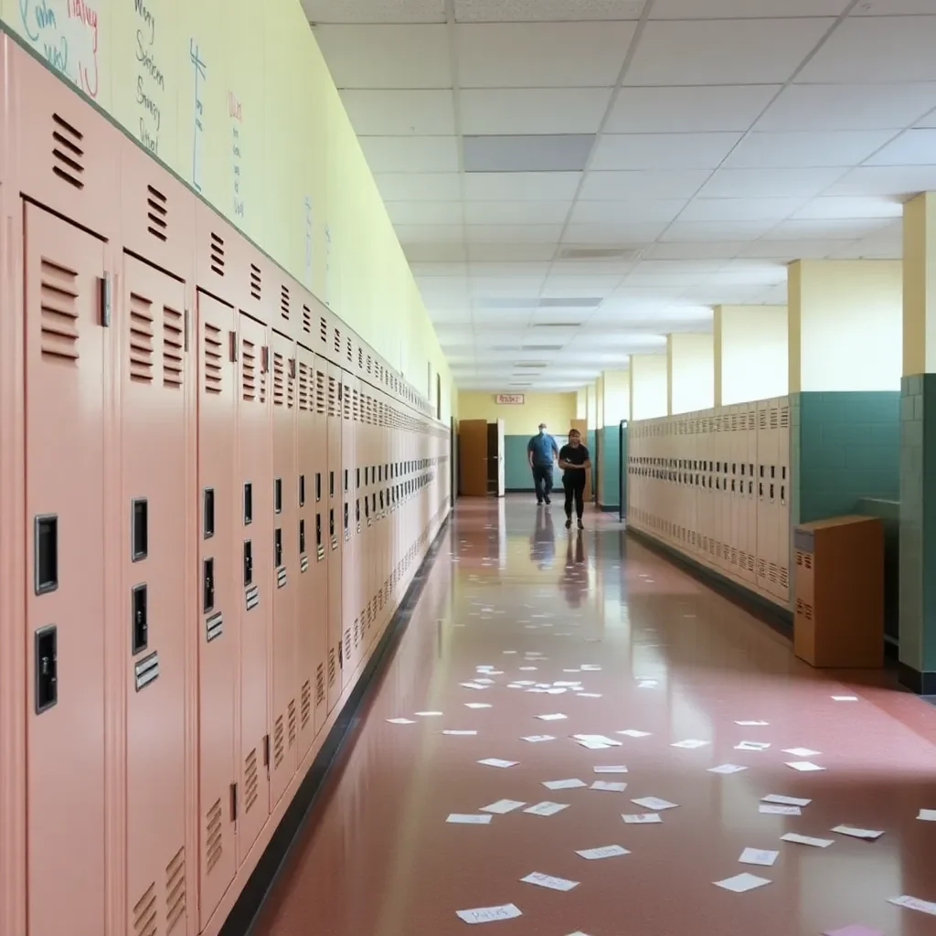 A school hallway with locker rows and scattered notes.