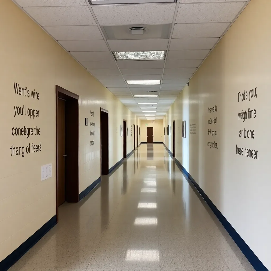 Empty school hallway with motivational quotes on walls.