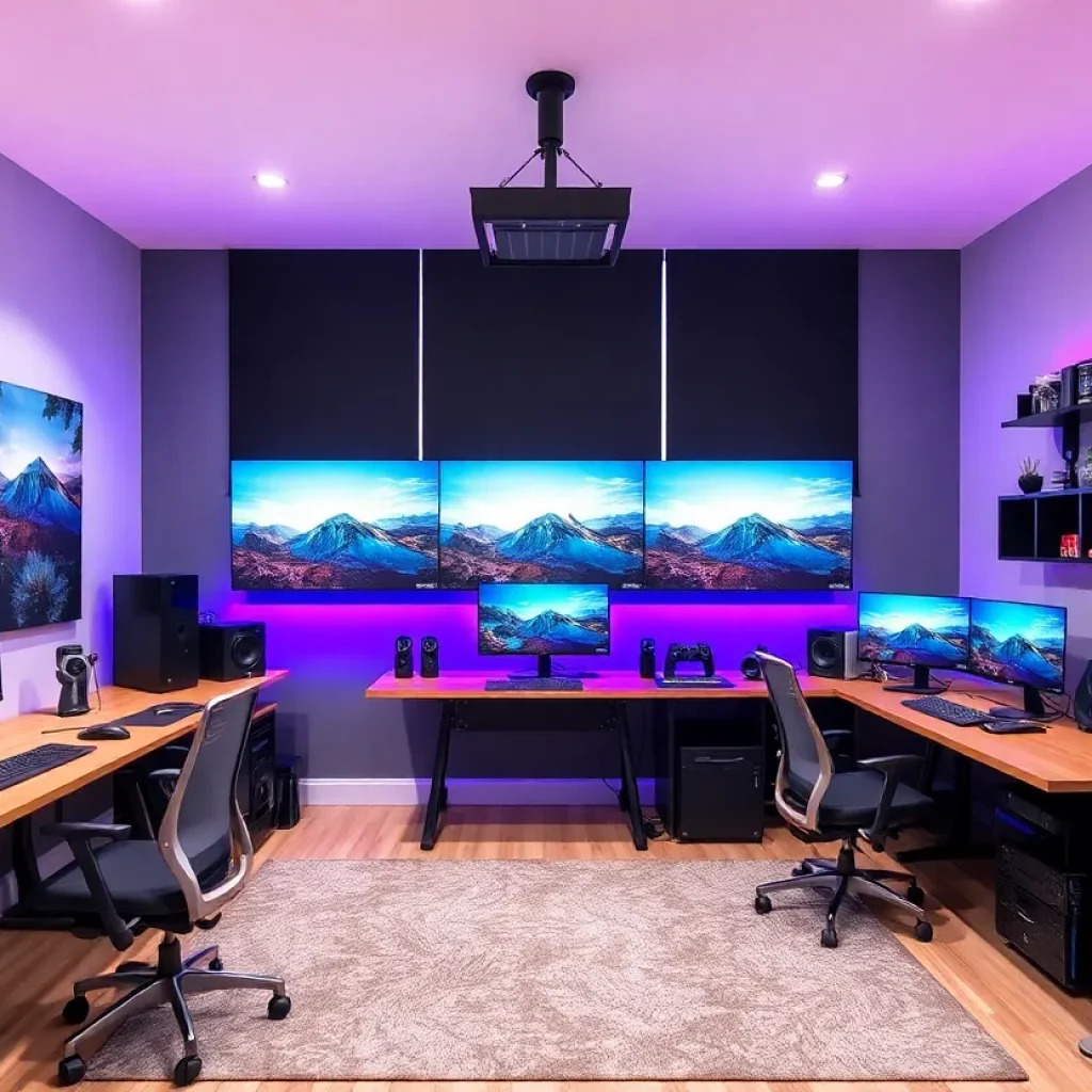 Modern gaming studio interior with vibrant creative workspace.