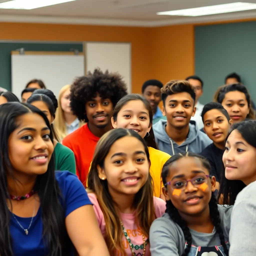 A group of diverse students gathered in a classroom.