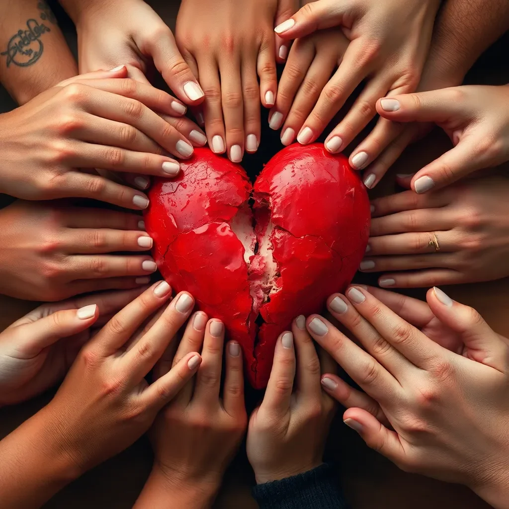 A broken heart surrounded by supportive hands.