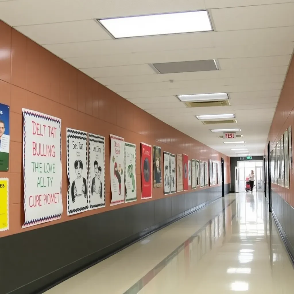 A school hallway with anti-bullying posters visible.