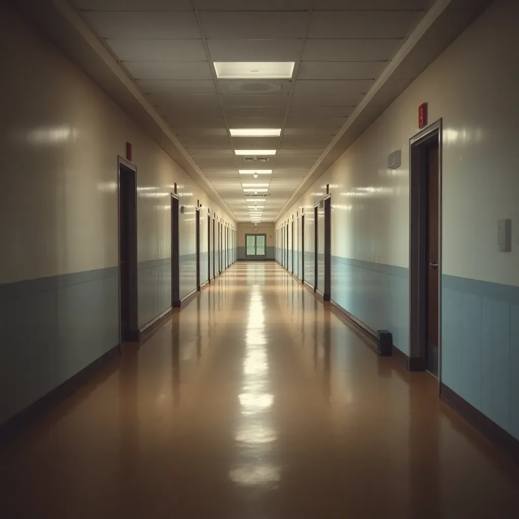 Empty school hallway with faint footsteps echoing.