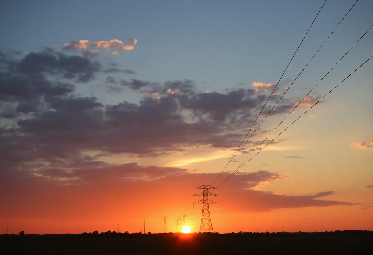 Power lines against a sunset sky in a rural landscape.