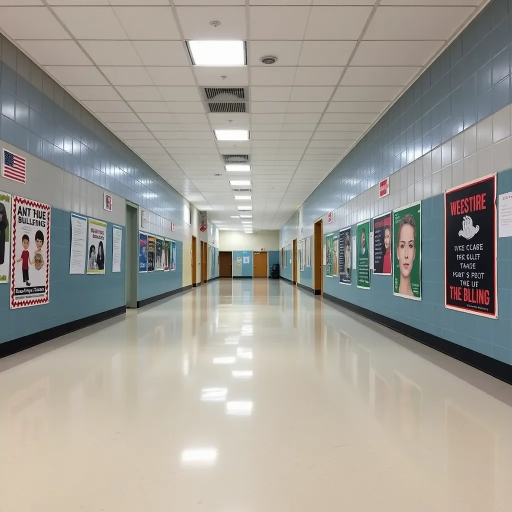 Empty school hallway with anti-bullying posters on walls.