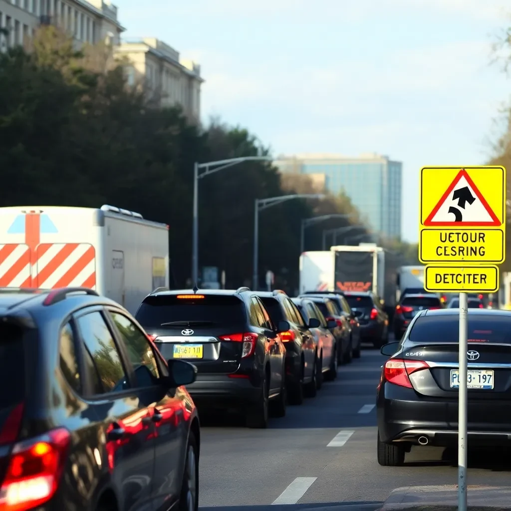 Traffic jam on city street with detour signs.