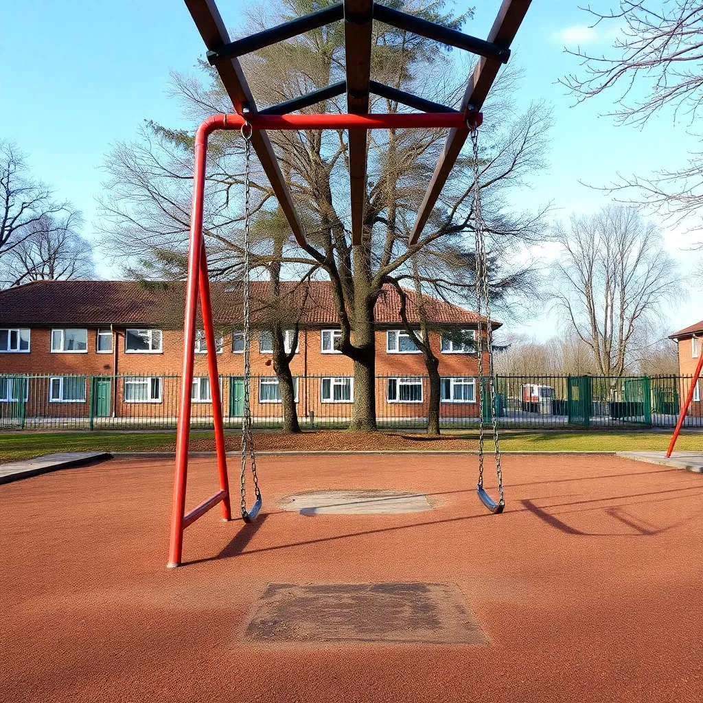 School playground with empty swings, representing bullying absence.