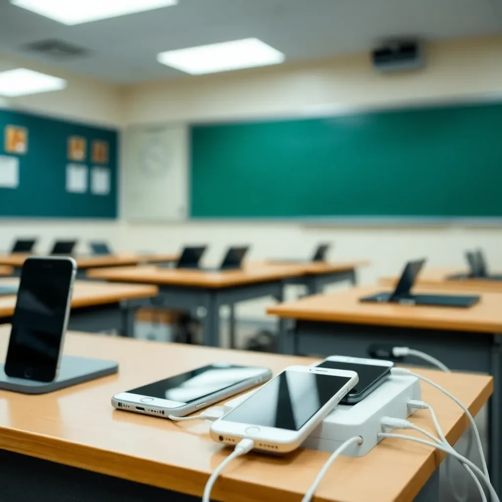 Classroom with phones stored in a charging station.