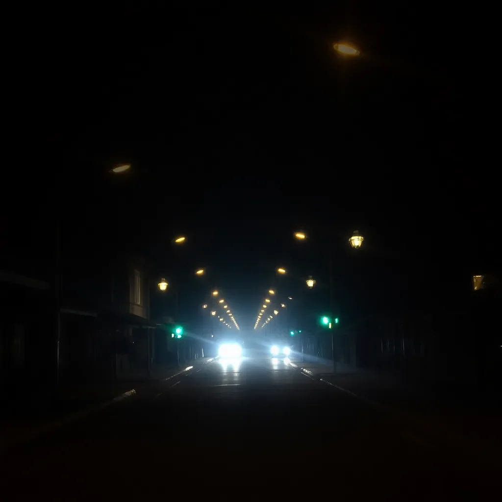 Darkened streets illuminated by emergency lights and candles.