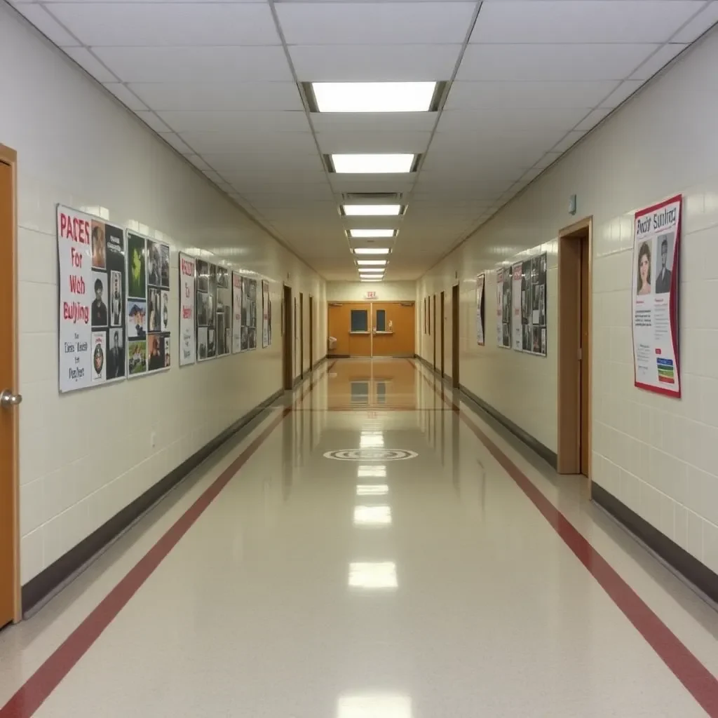 Empty school hallway with anti-bullying posters displayed.