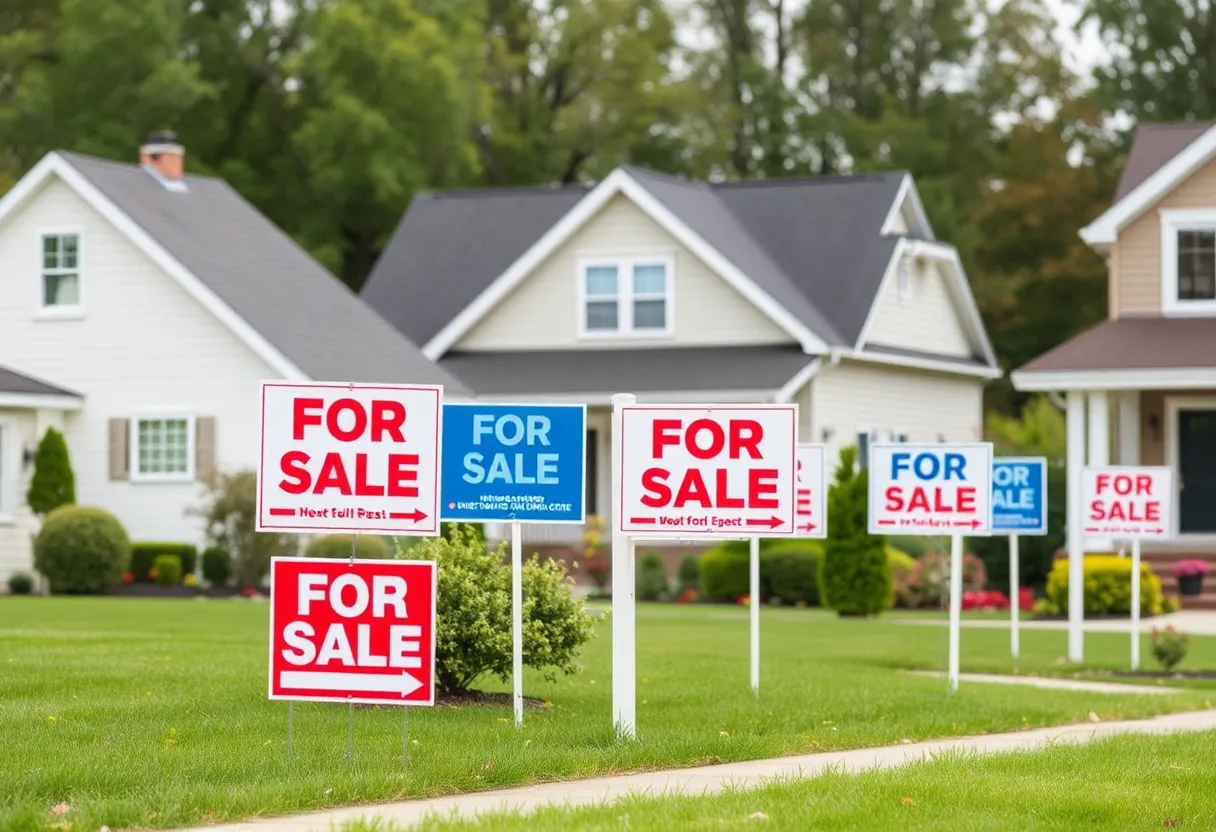 Homes with increasing "For Sale" signs in a neighborhood.