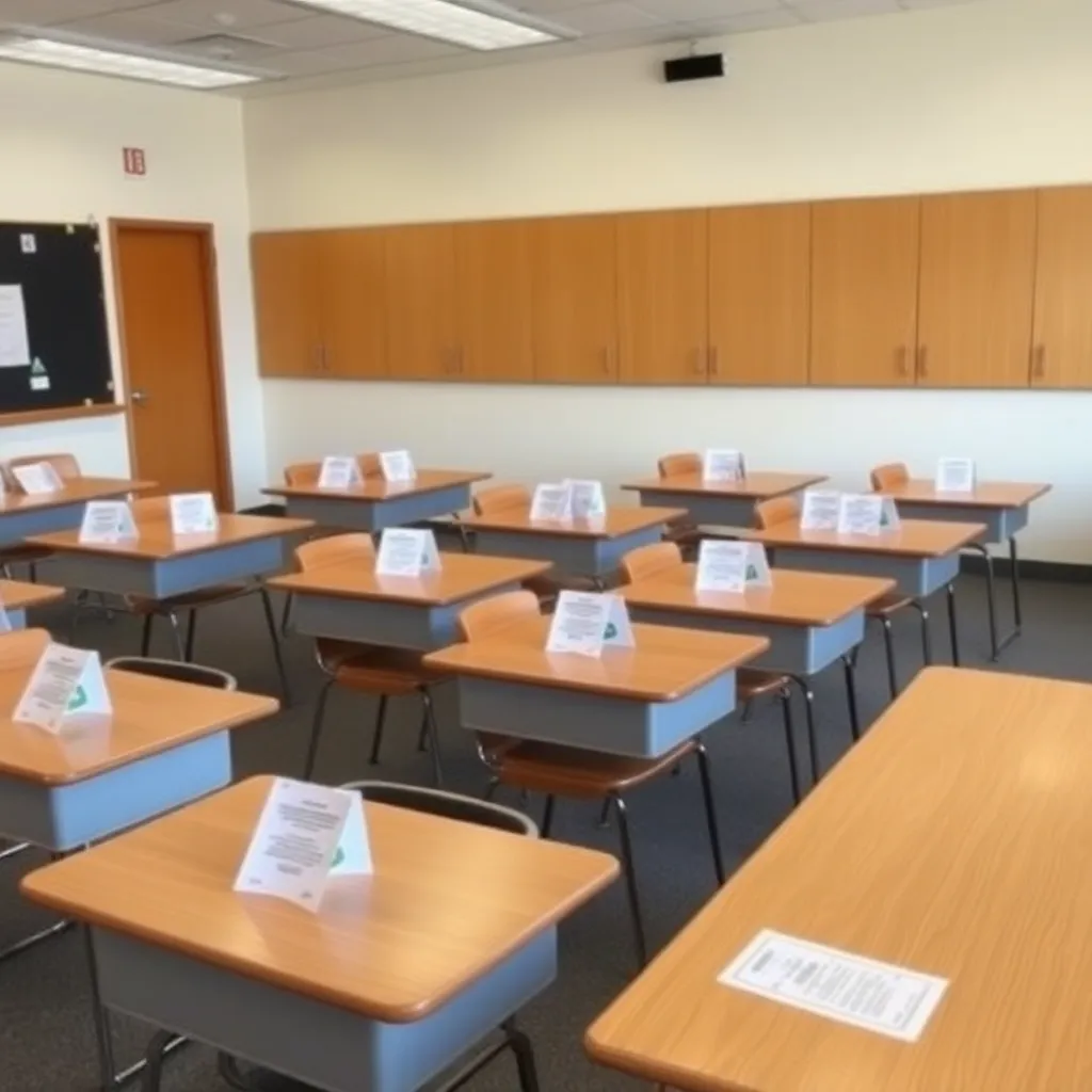 Classroom with empty desks and report cards on table.