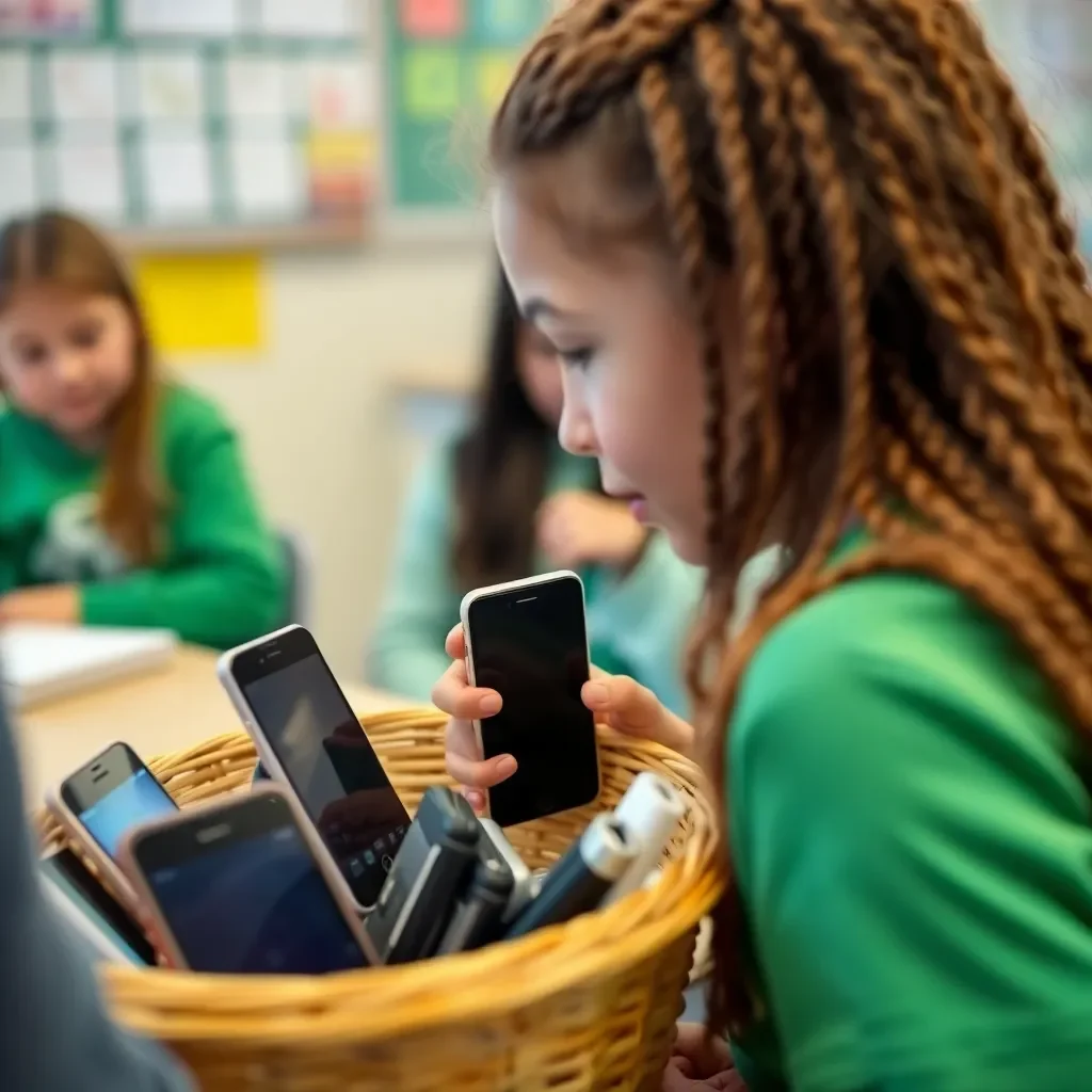 Classroom with phones in a basket, focusing on learning.