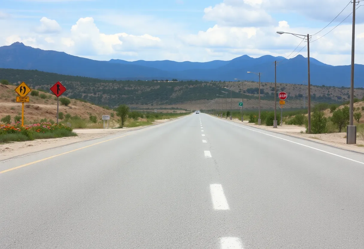 Empty, deserted road with caution signs and flowers.