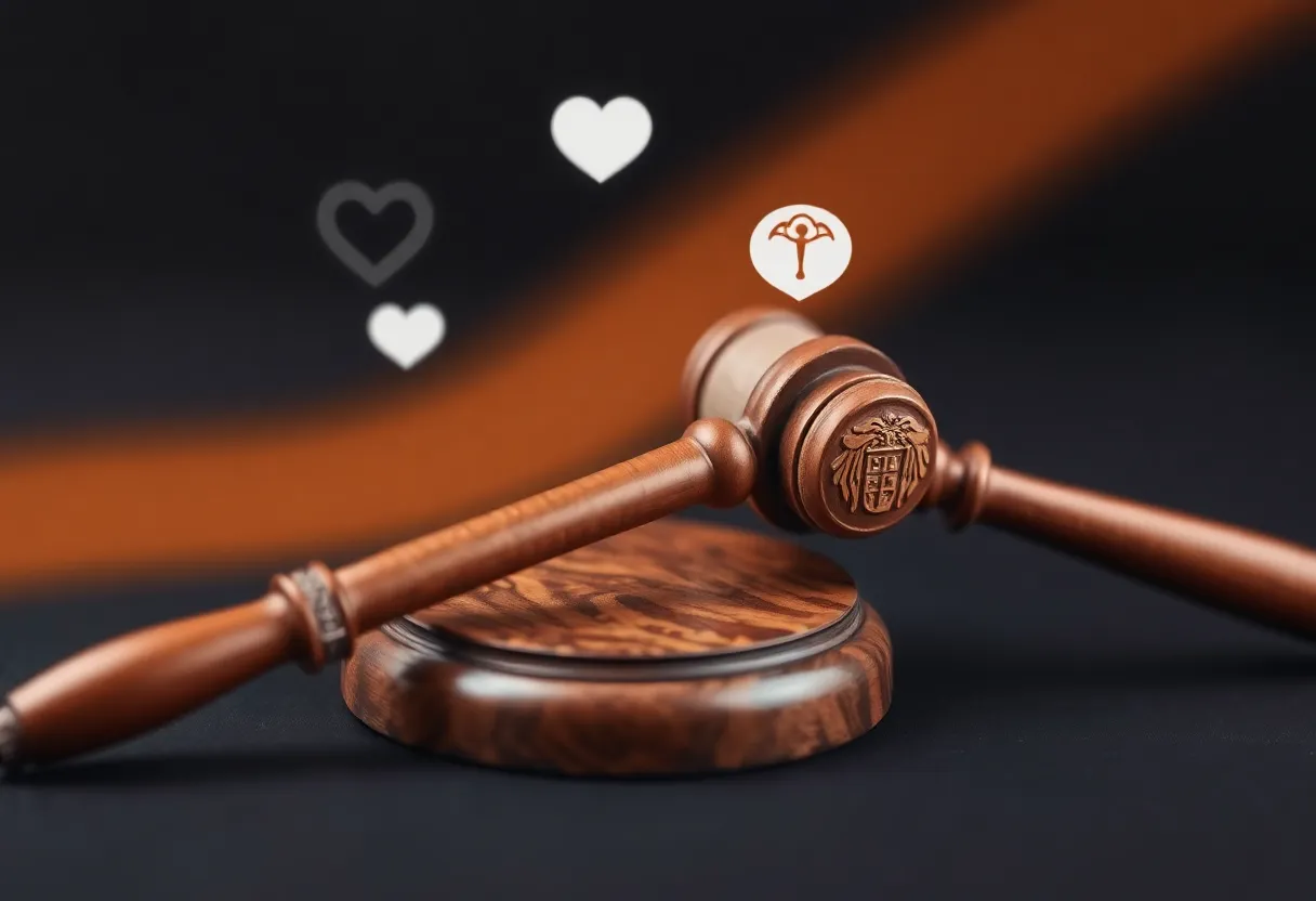 Abstract image of a gavel with mental health symbols.