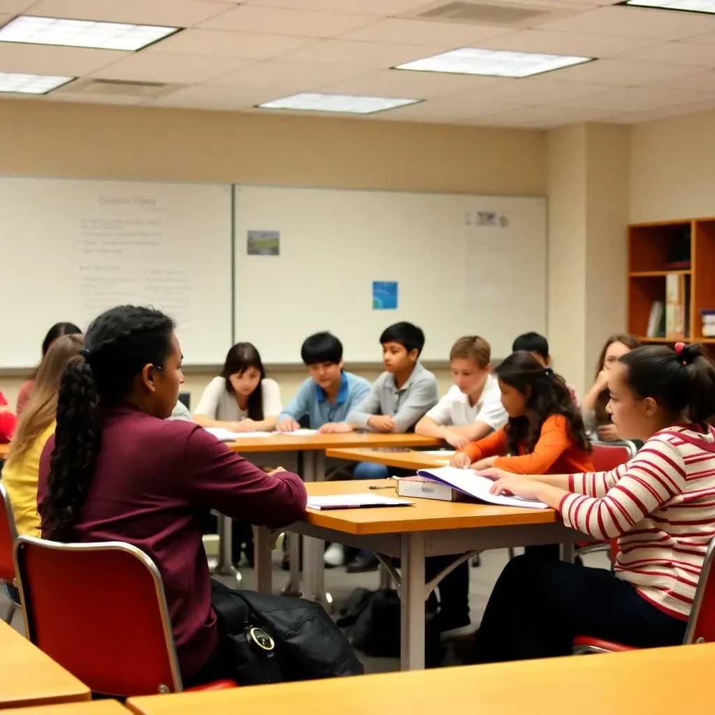 Classroom setting with diverse students engaged in collaborative learning.