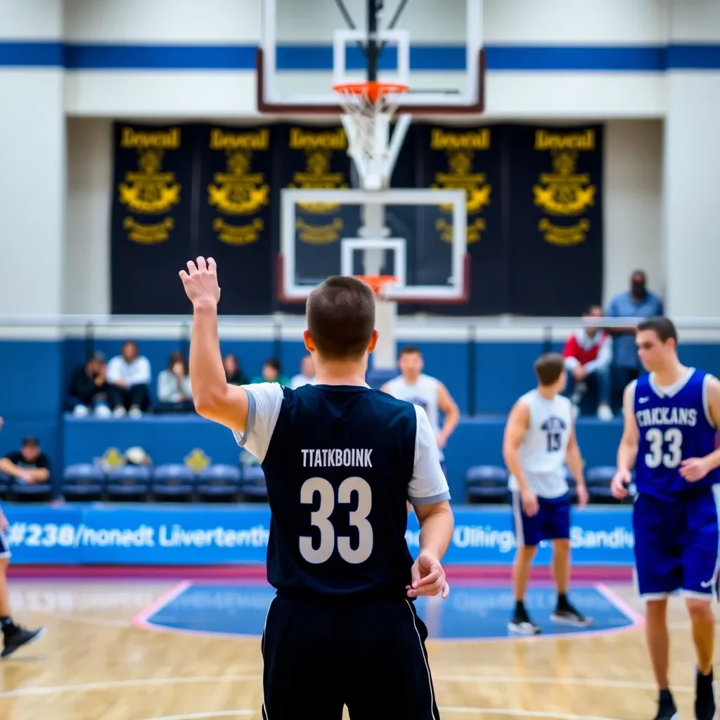 Basketball court with competitive teams wearing uniforms in action.