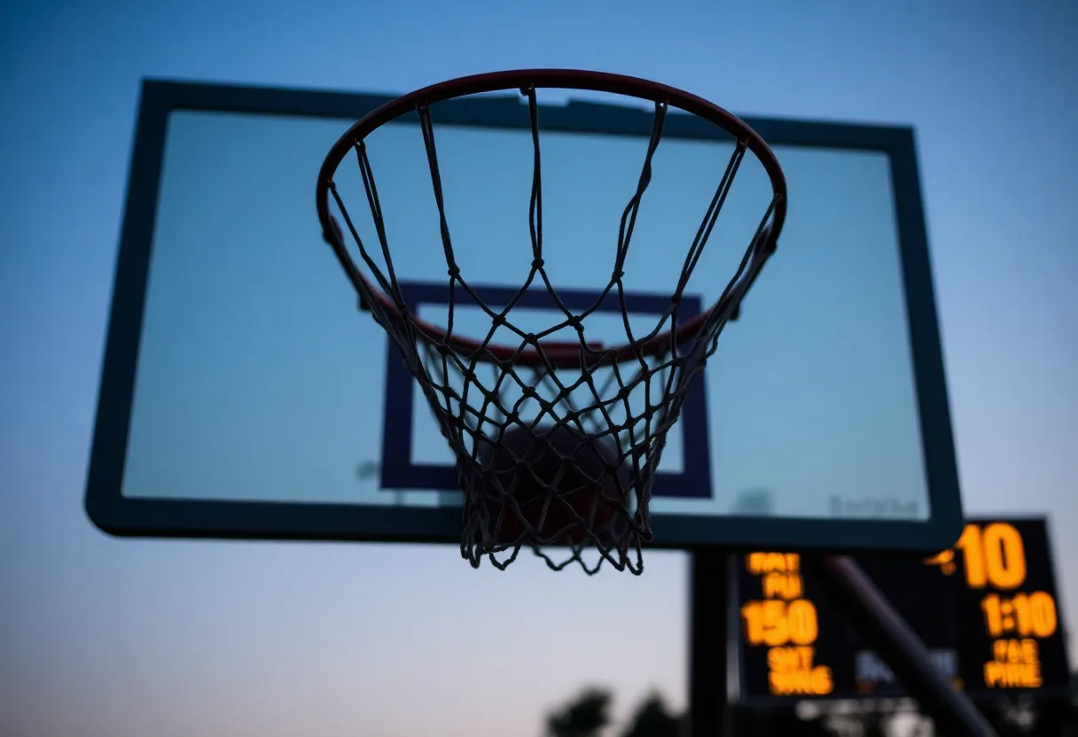 Basketball hoop with empty net and muted scoreboard.