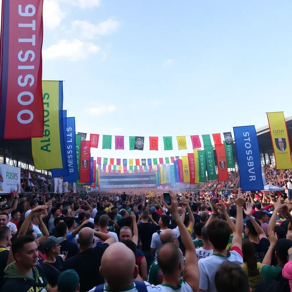 Colorful banners and cheering crowds at a sports festival.