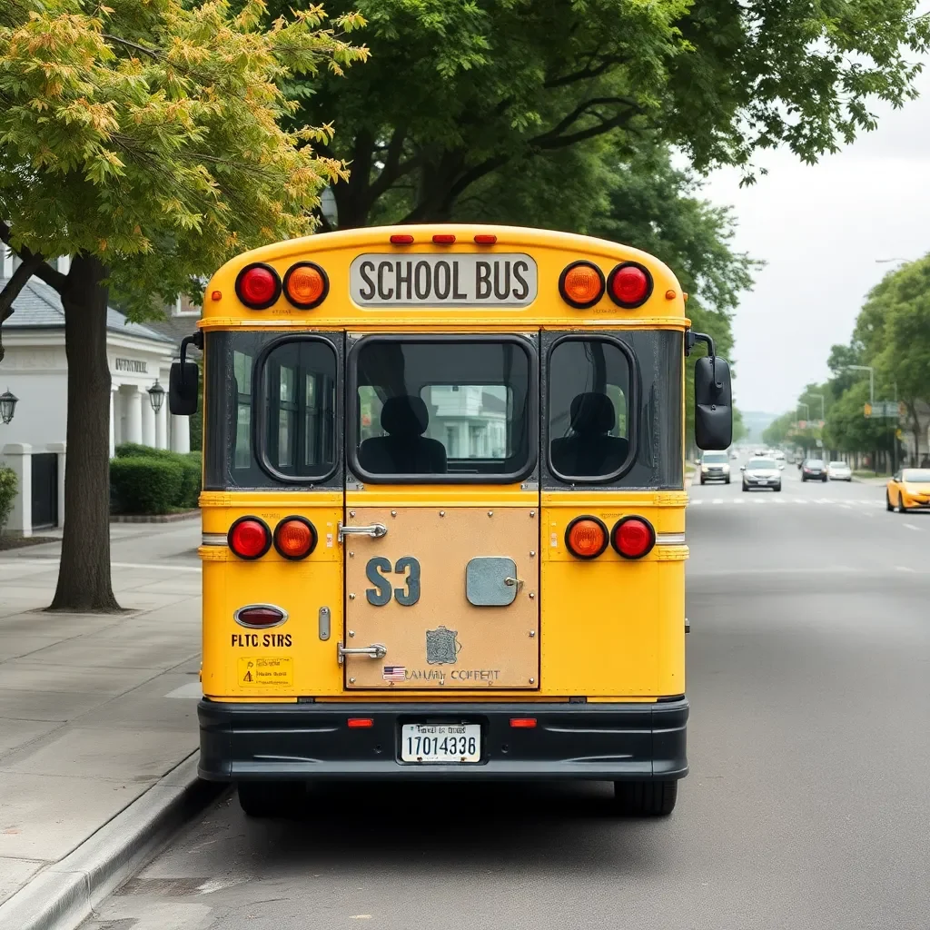 Empty school bus parked on a quiet street.